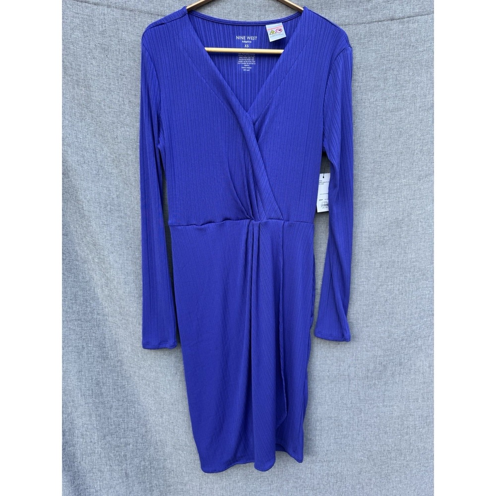 NWT Nine West V-Neck Adaptive Wrap‎ Dress XS Blue Long Sleeve Magnetic Closure